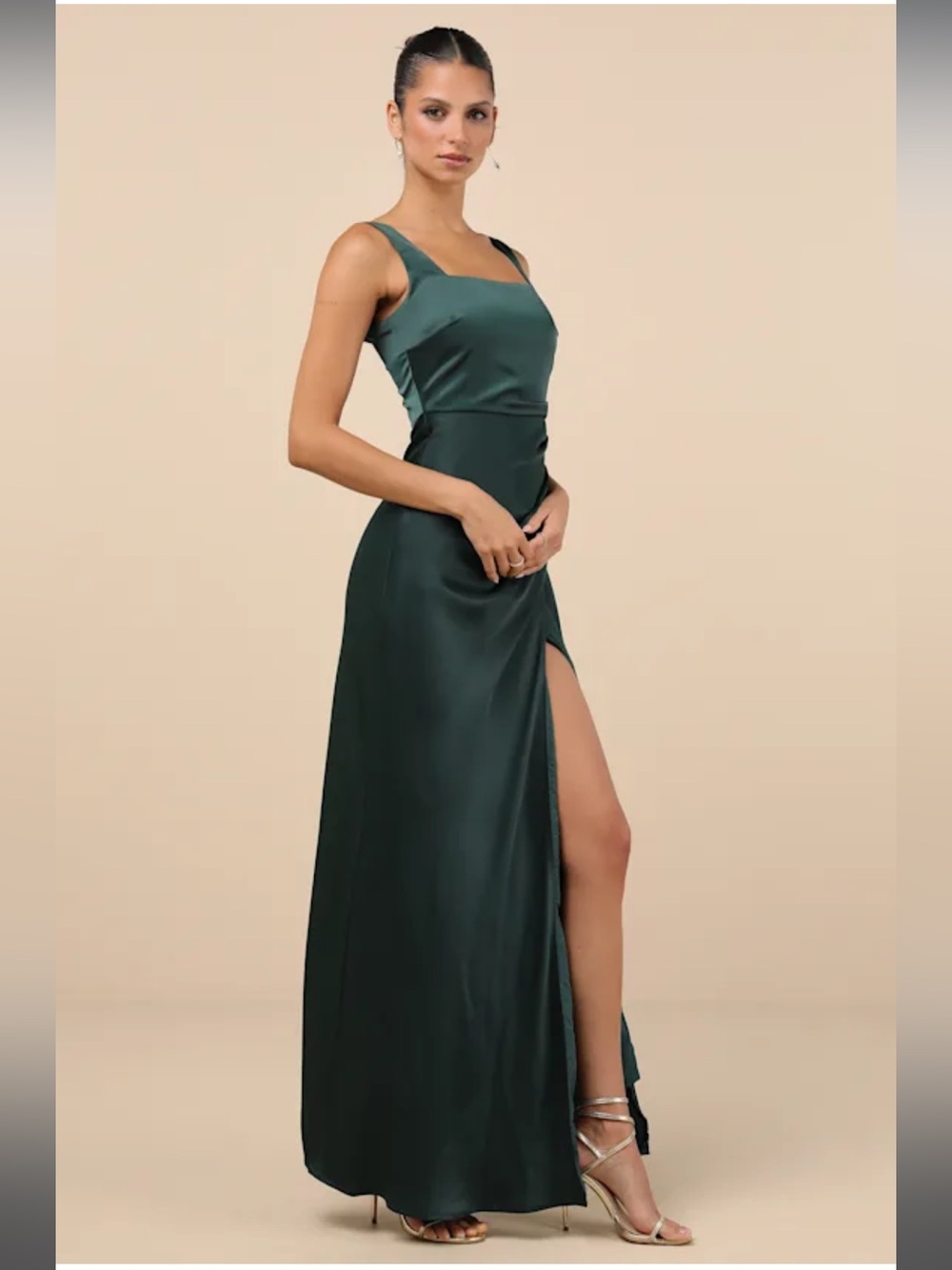 NWT- Red Carpet Romance Emerald Green Satin Square Neck Maxi Dress